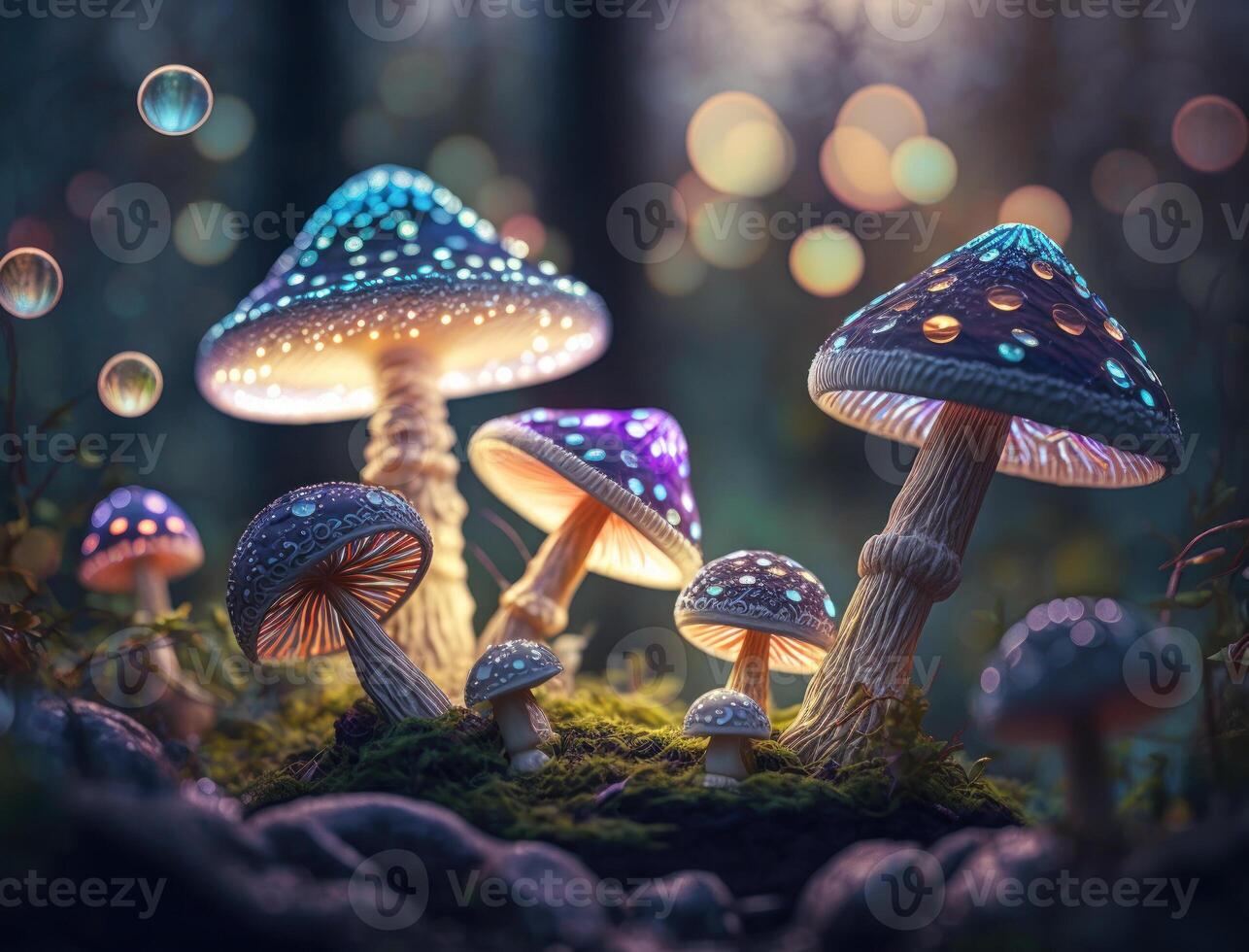 Fantasy mushroom landscape in the forest created with technology photo