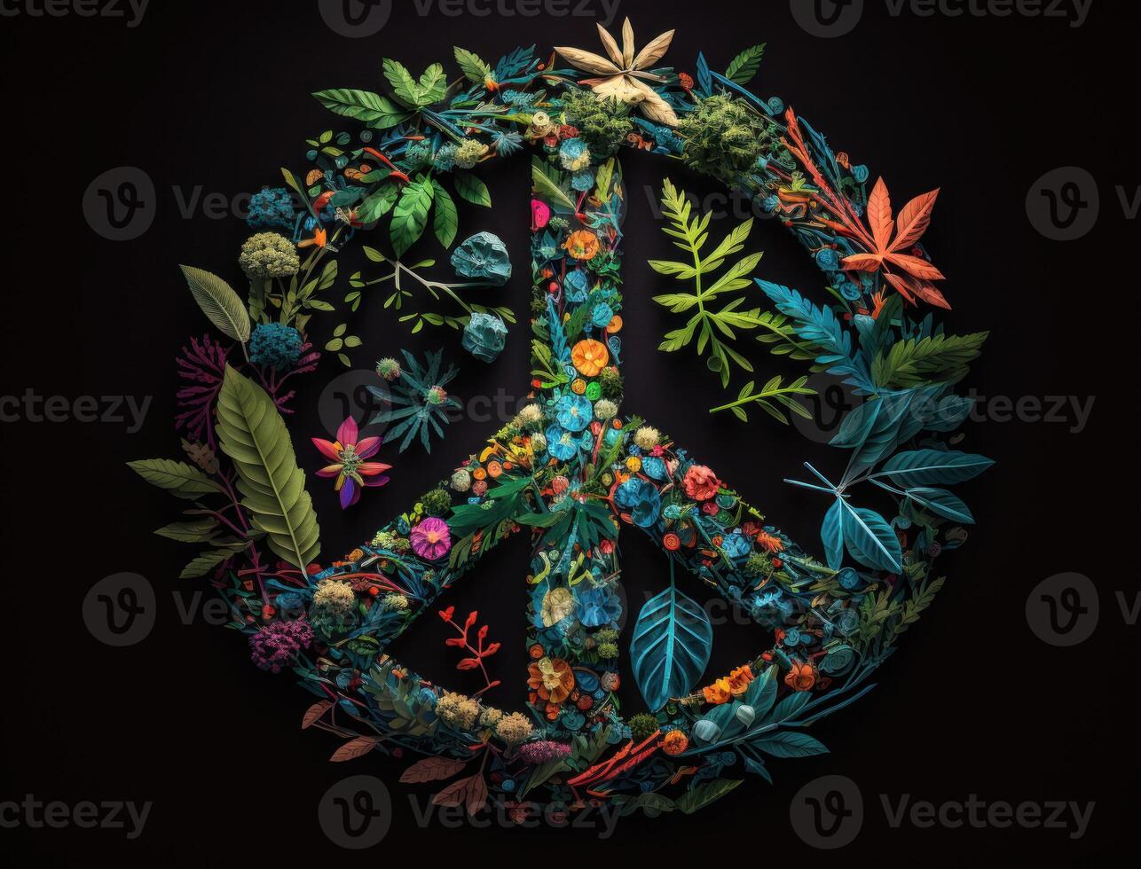 Peace symbol made by floral elements created with technology photo