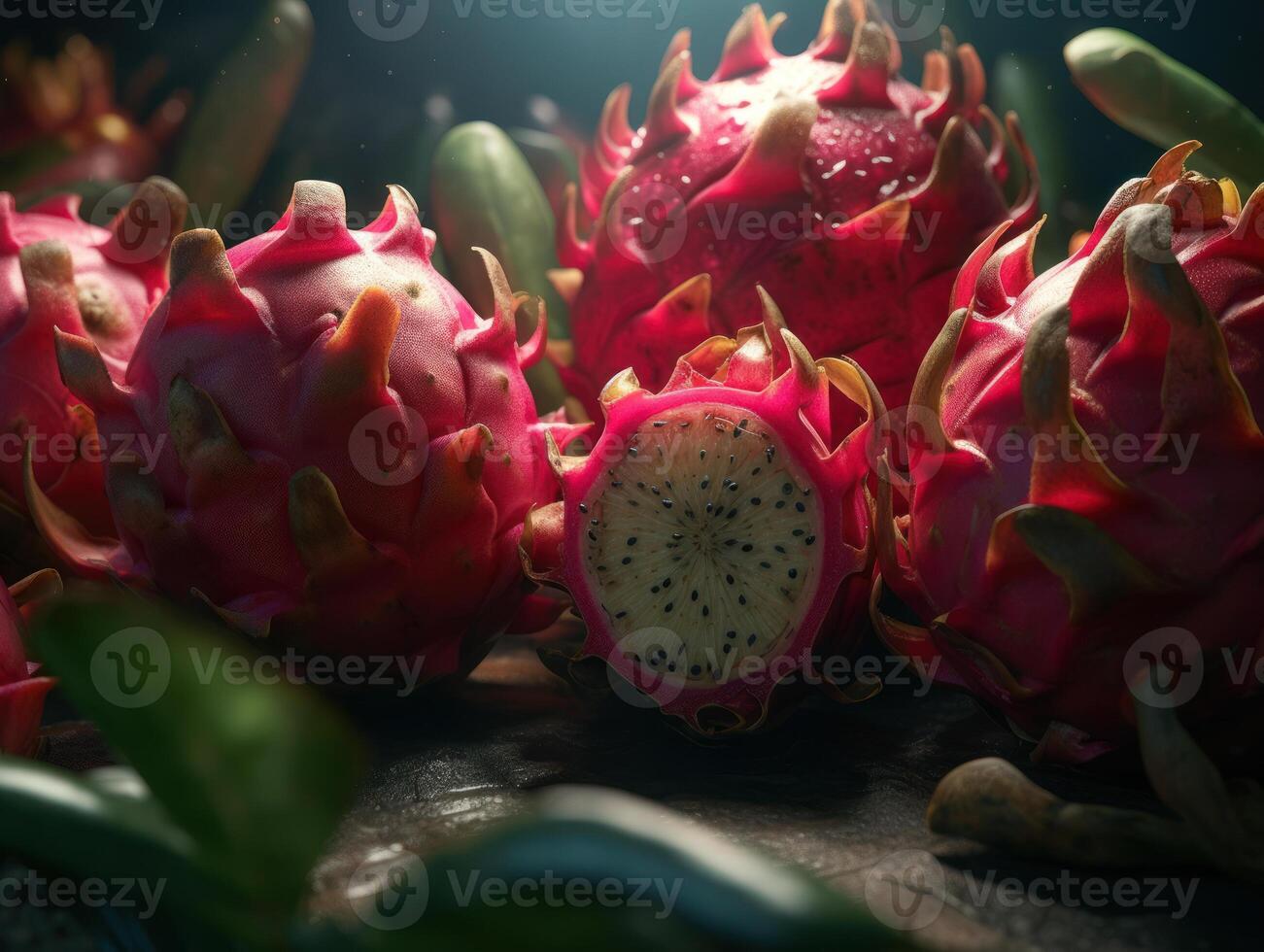 Beautiful organic background of freshly picked dragon fruits created with technology photo