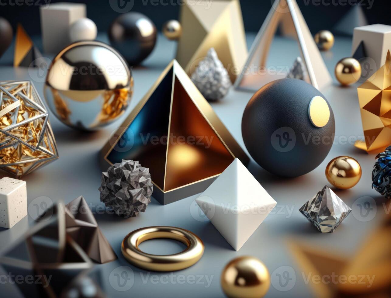 Abstract chaotic geometric background Glossy pyramids and spheres background created with technology photo