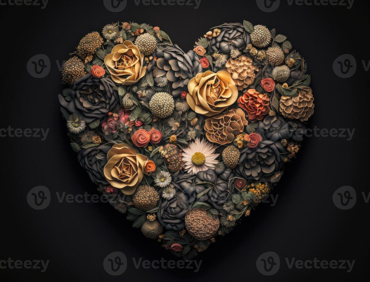 Heart of roses on a dark background created with technology photo