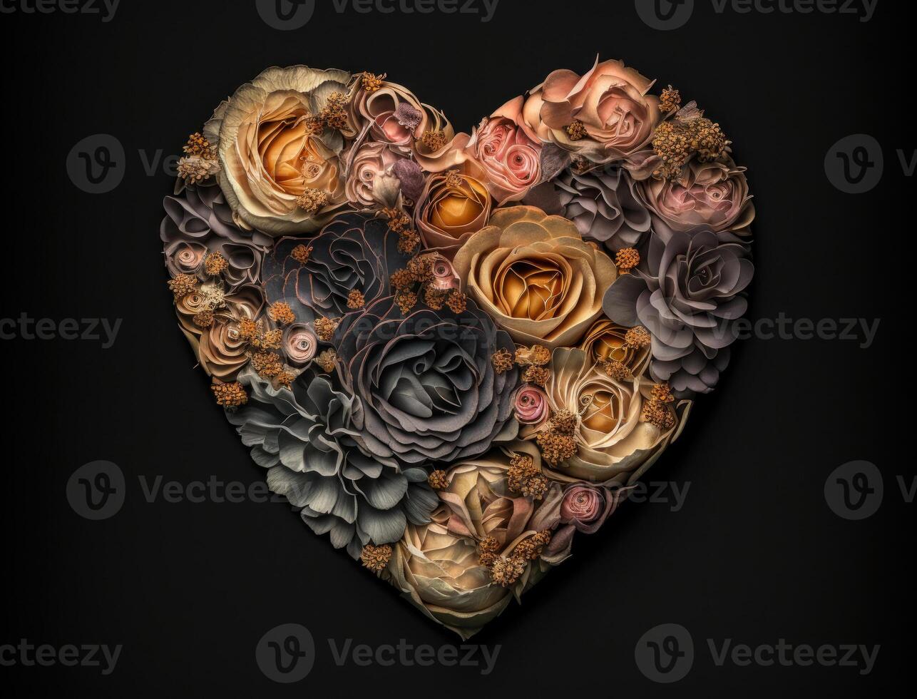 Heart of roses on a dark background created with technology photo