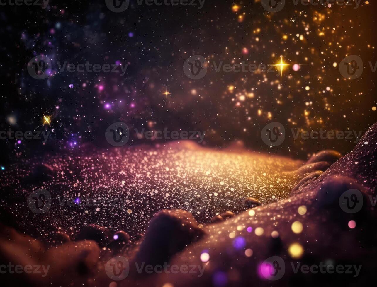 Dark blue and glow particle abstract background Blurry bokeh background with sparkles, particles and glitter created with technology photo
