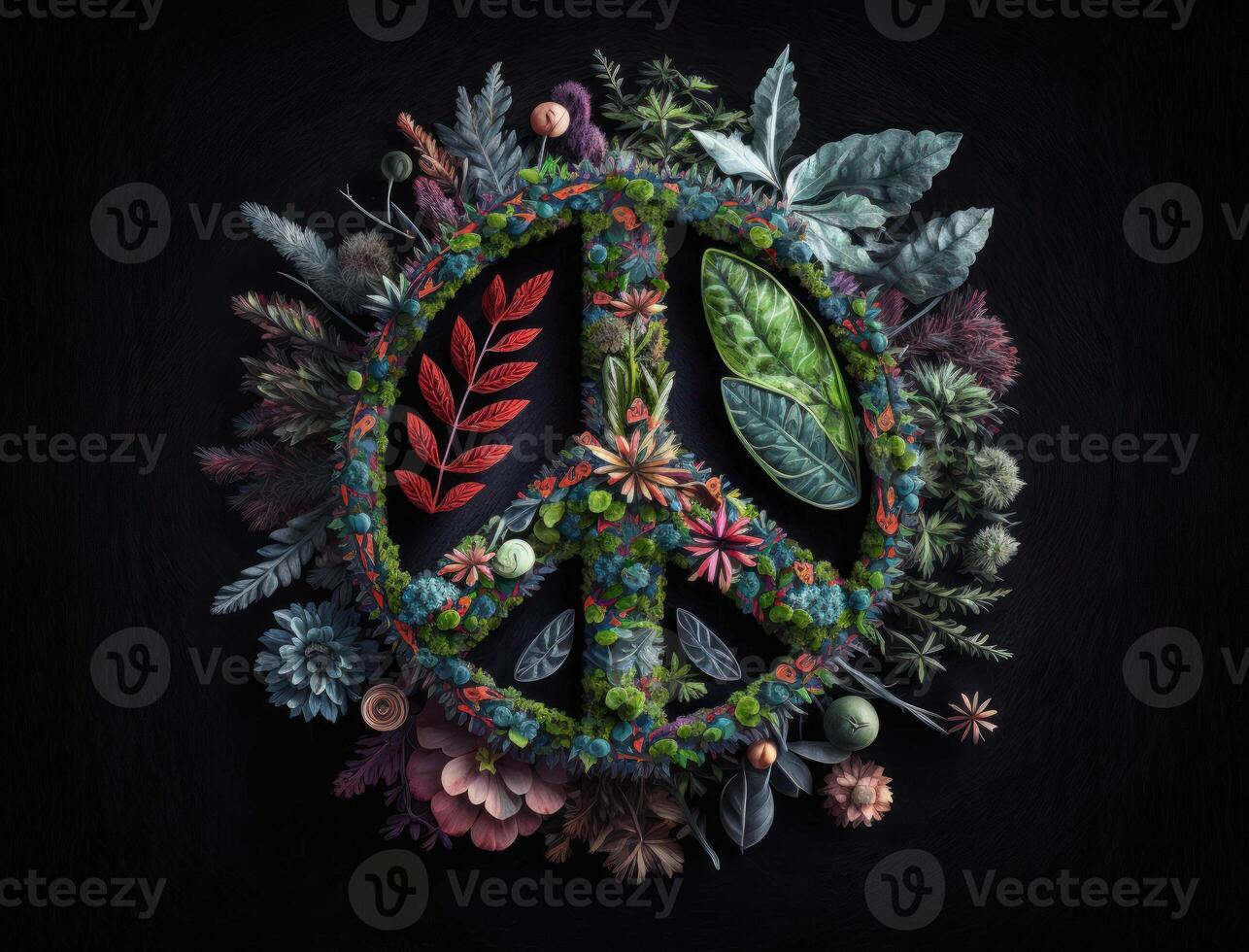 Peace symbol made by floral elements created with technology photo