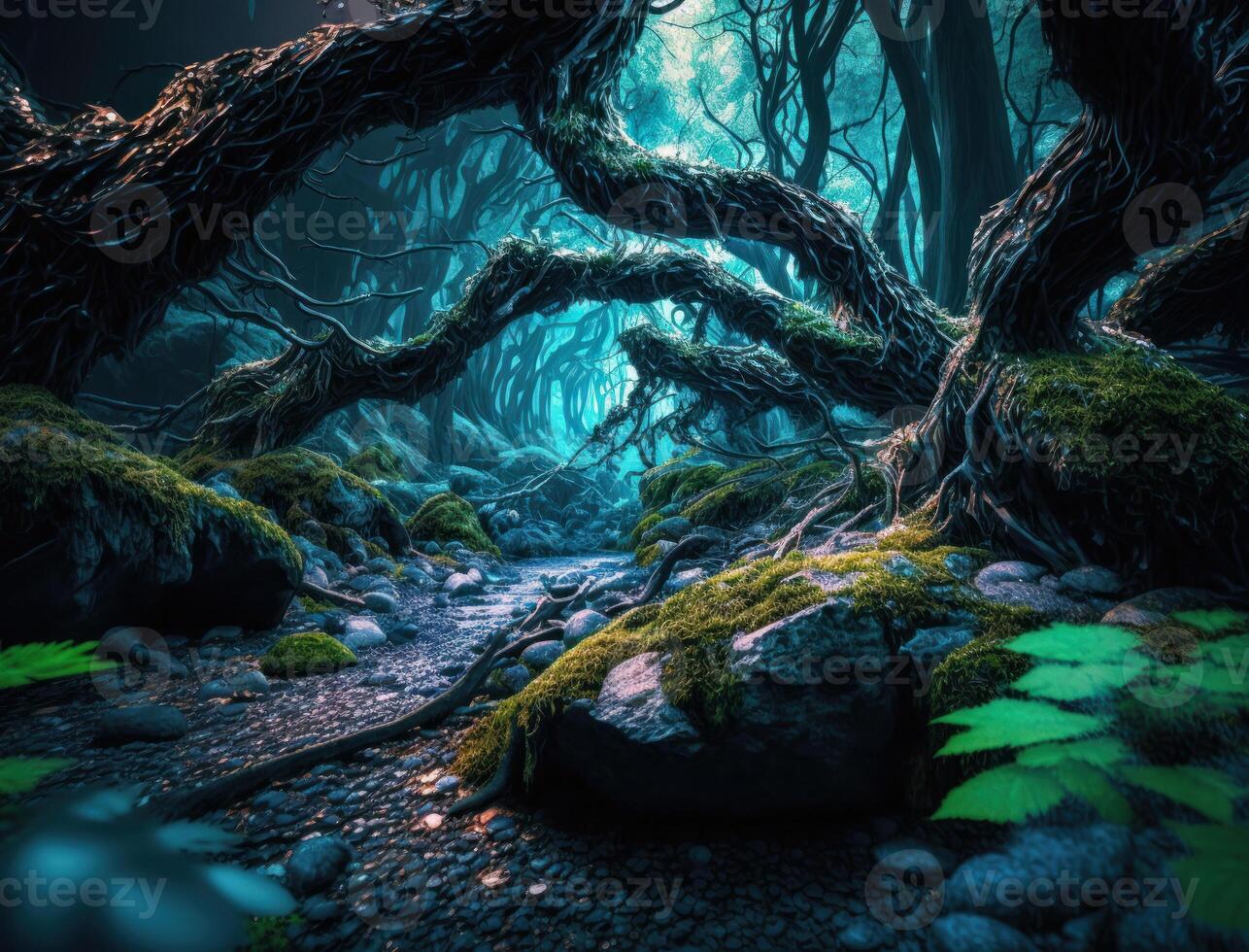 Fantasy forest landscape created with technology photo