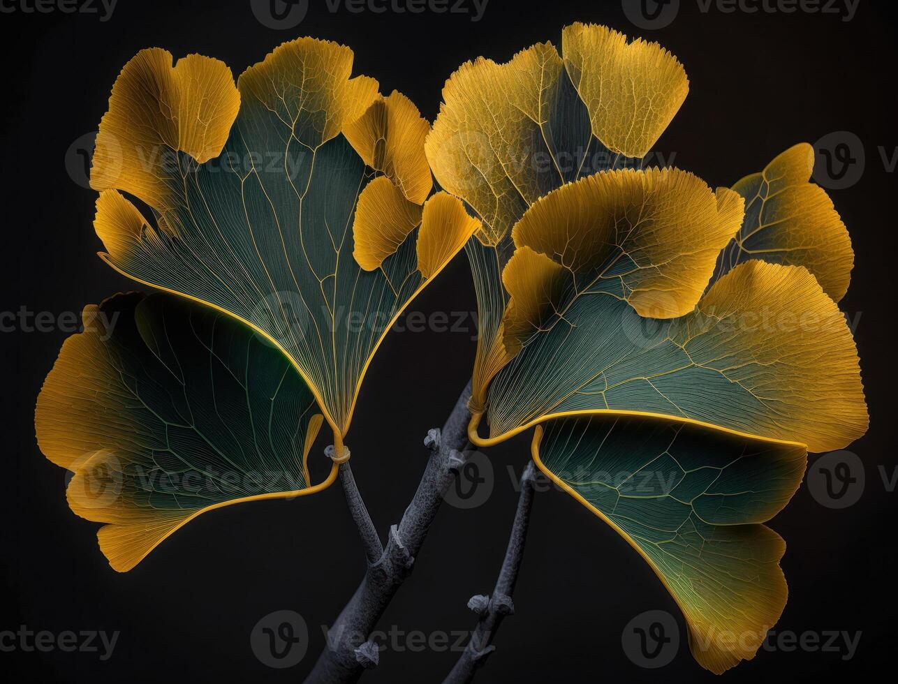 Ginkgo biloba golden leaves Dark background created with technology photo