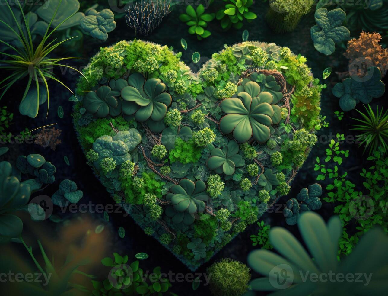 Green heart made by foliage that represents environmental protection created with technology photo