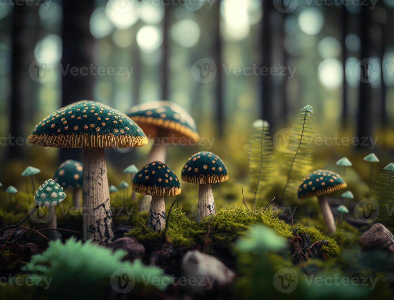 Fantasy mushroom landscape in the forest created with technology photo