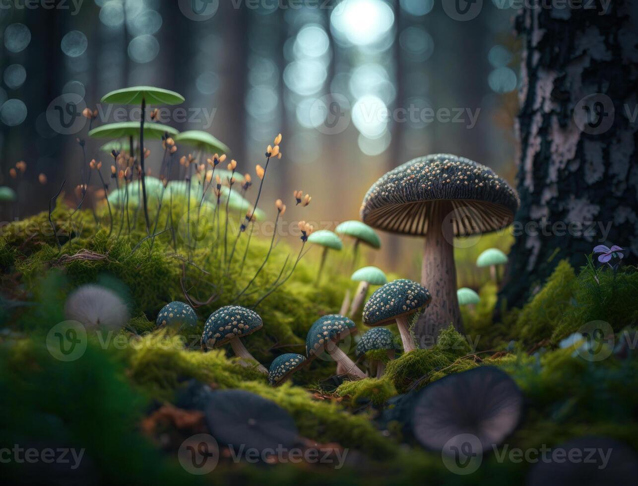 Fantasy mushroom landscape in the forest created with technology photo