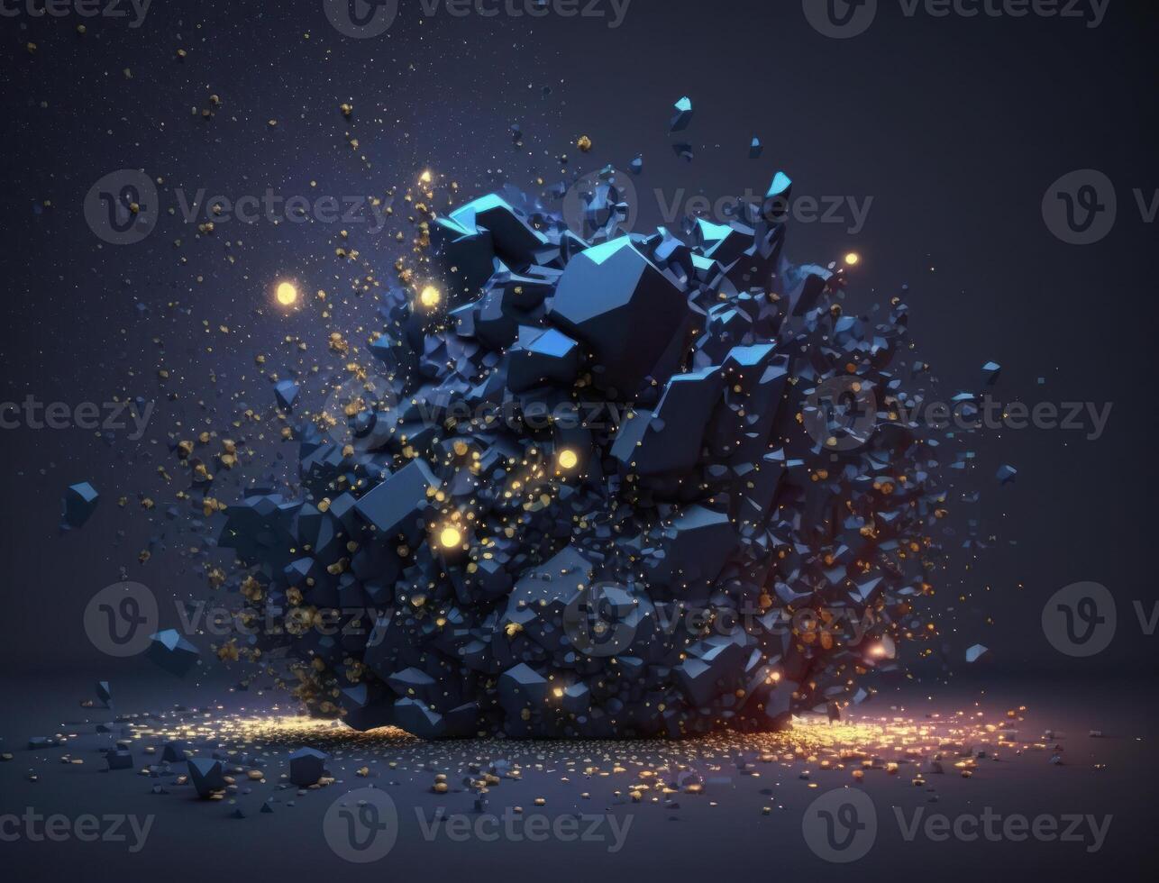 Dark blue and glow particle abstract background Blurry bokeh background with sparkles, particles and glitter created with technology photo