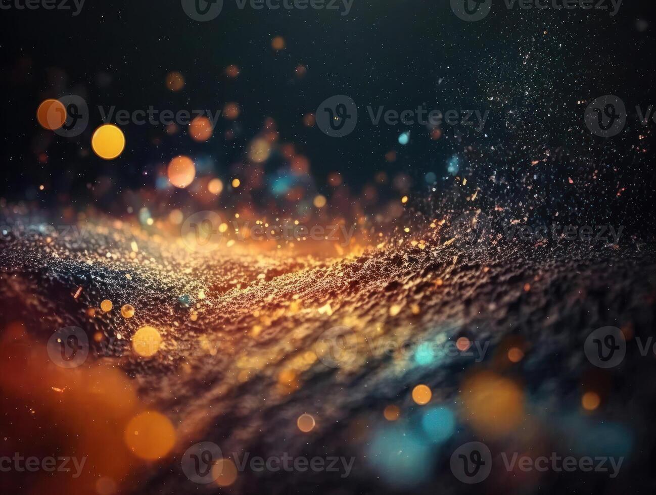 Dark blue and glow particle abstract background Blurry bokeh background with sparkles, particles and glitter created with technology photo