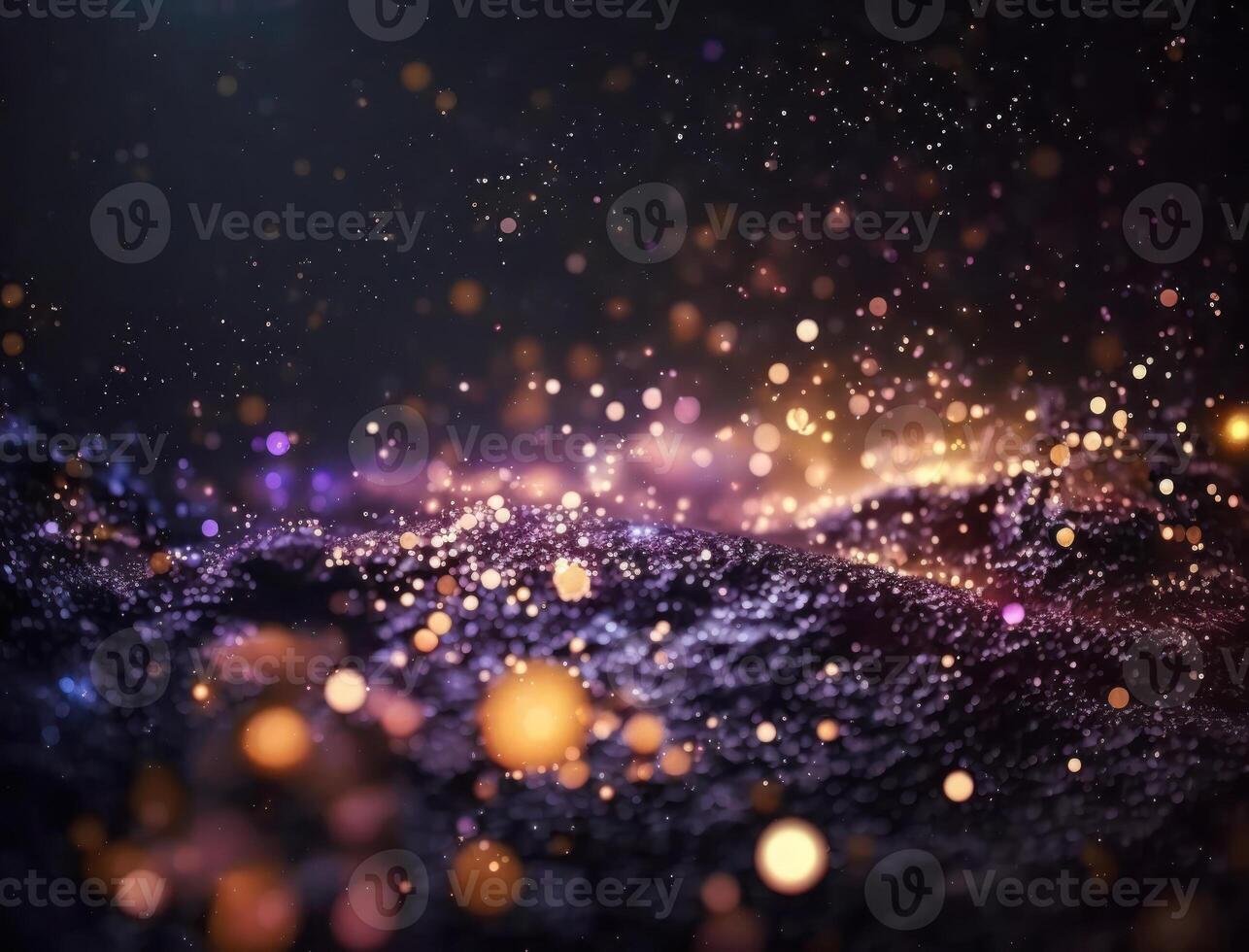 Dark blue and glow particle abstract background Blurry bokeh background with sparkles, particles and glitter created with technology photo