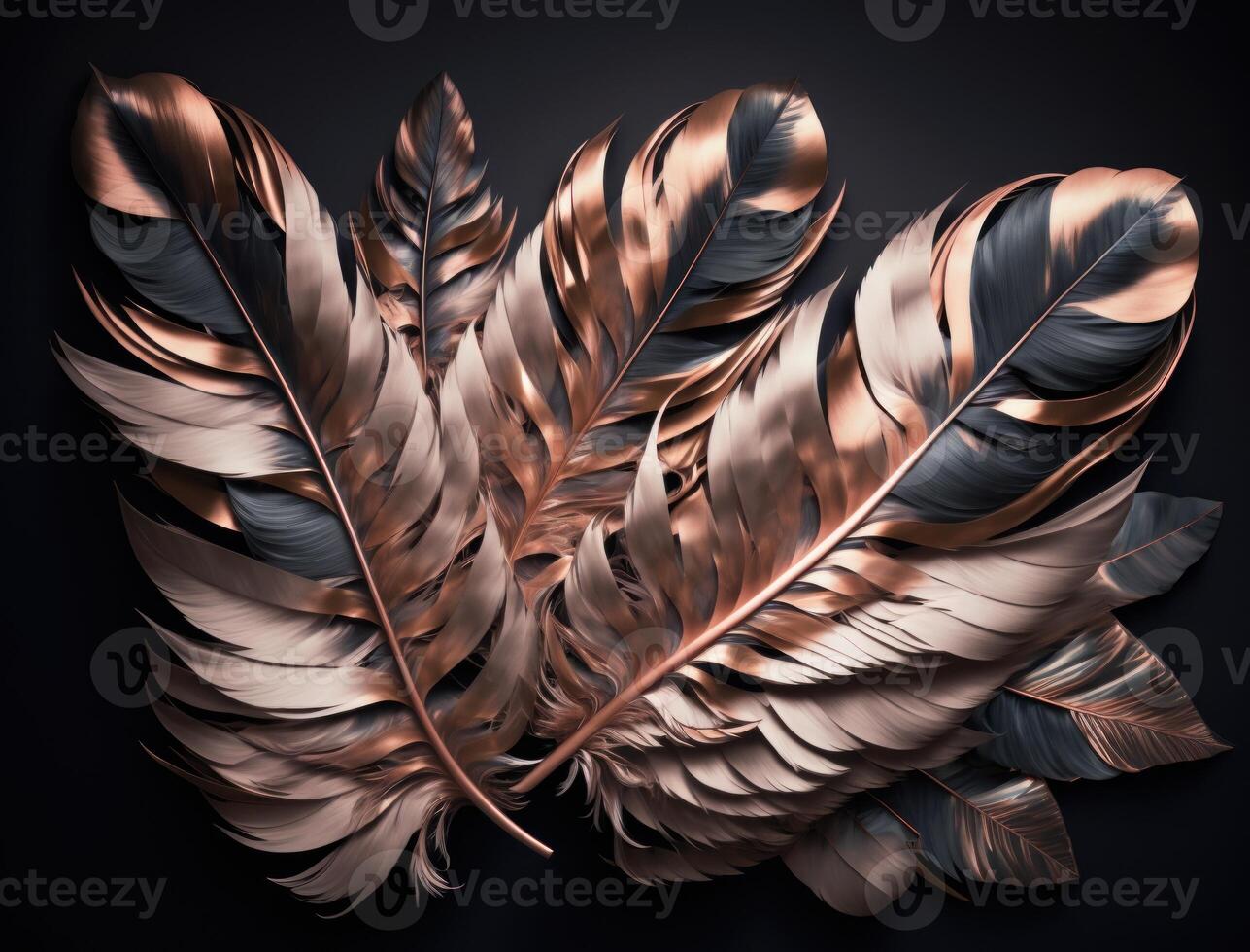 Flat lay bird feathers rose gold sequins and rhinestones black wood texture holographic high detail top view created with technology photo