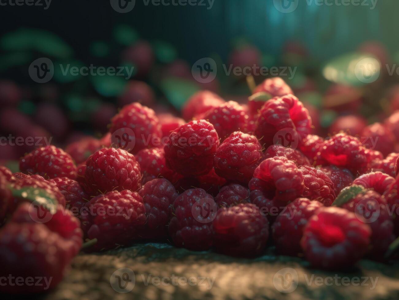 Beautiful organic background of freshly picked raspberries created with technology photo