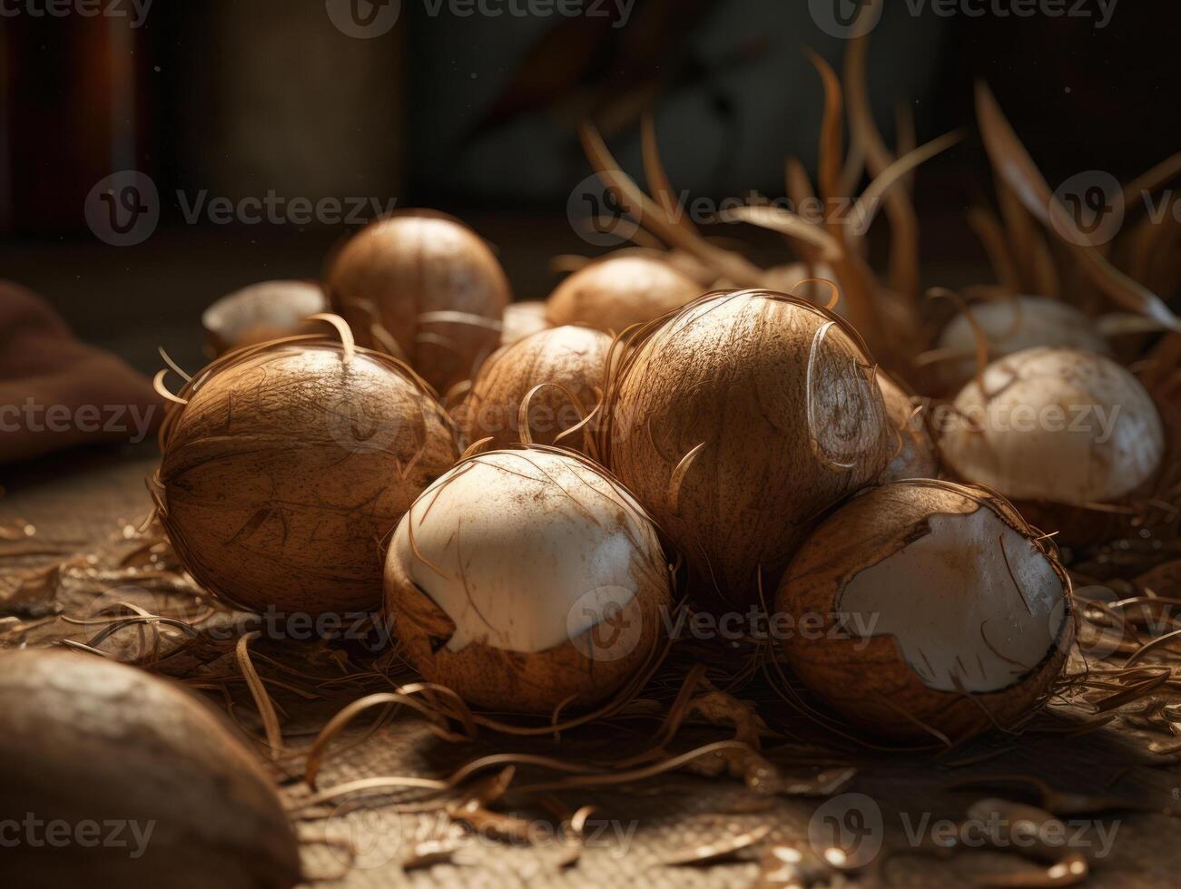 Beautiful organic background of freshly picked coconuts created with technology photo