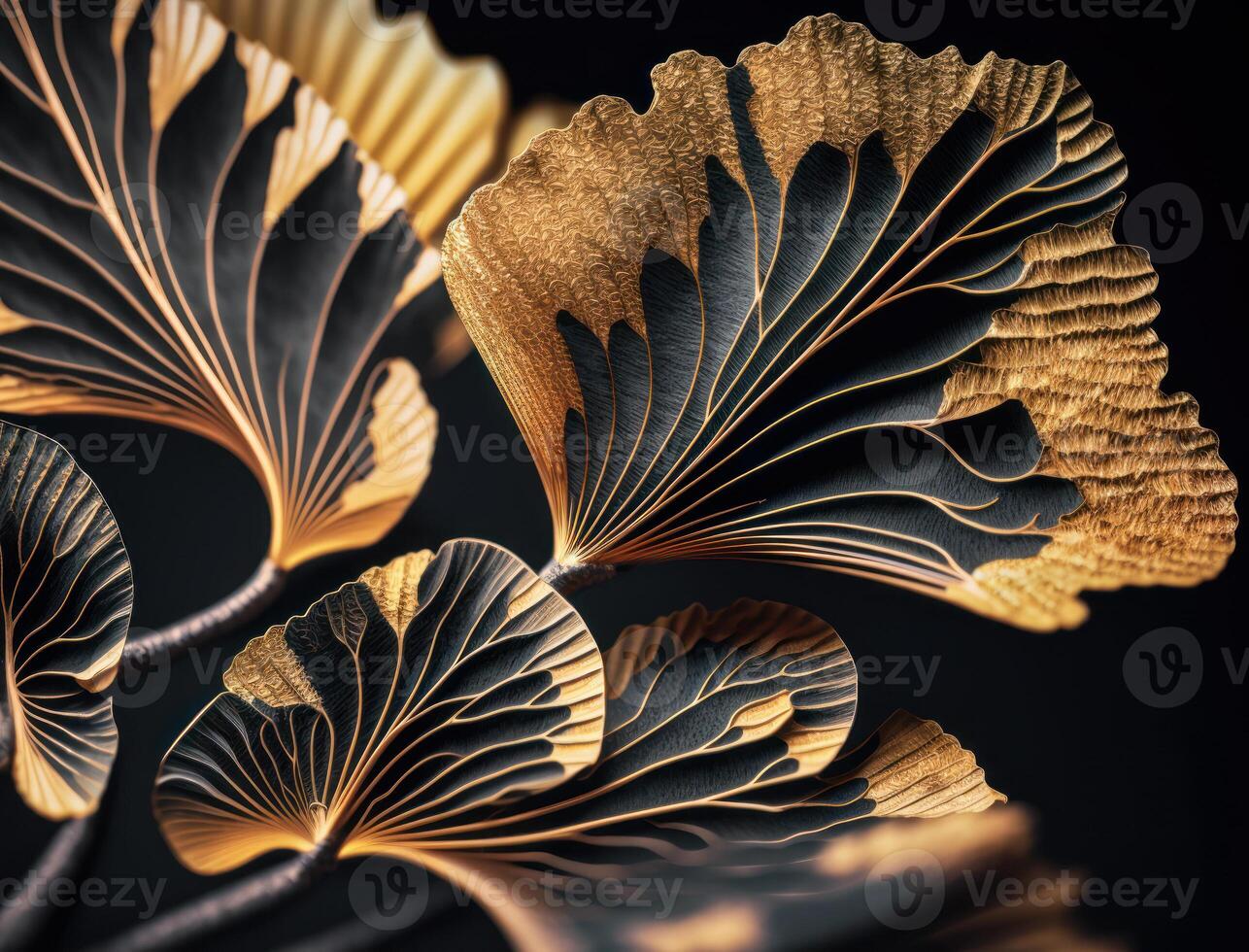 Ginkgo biloba golden leaves Dark background created with technology photo