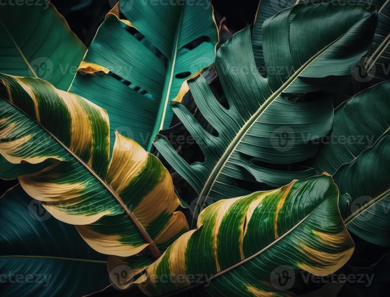 Abstract green Tropical Banana and Monstera Leaves background created with technology photo