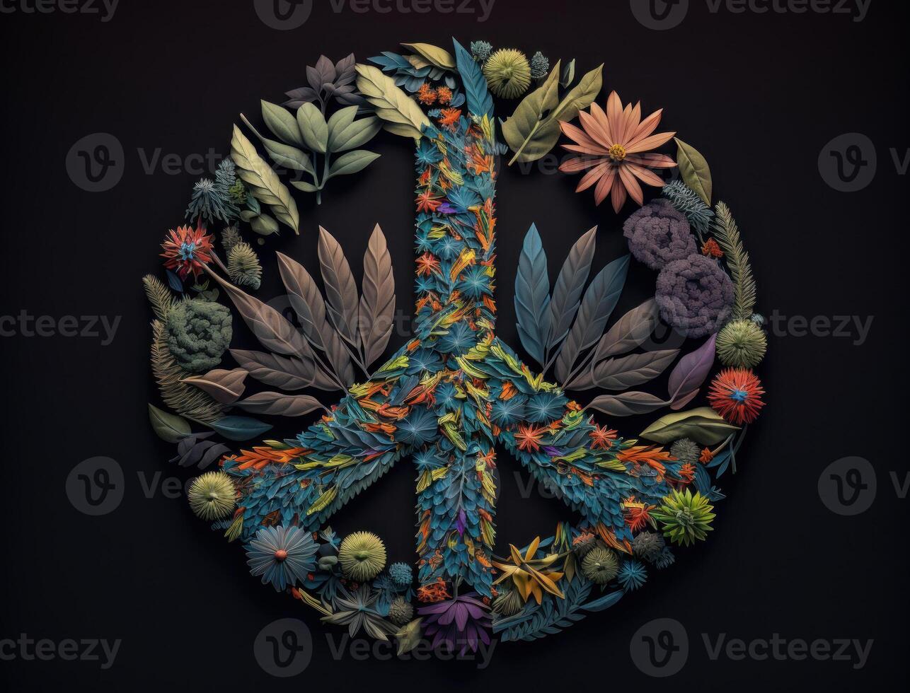 Peace symbol made by floral elements created with technology photo