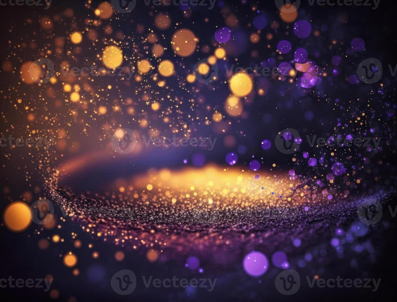 Dark blue and glow particle abstract background Blurry bokeh background with sparkles, particles and glitter created with technology photo