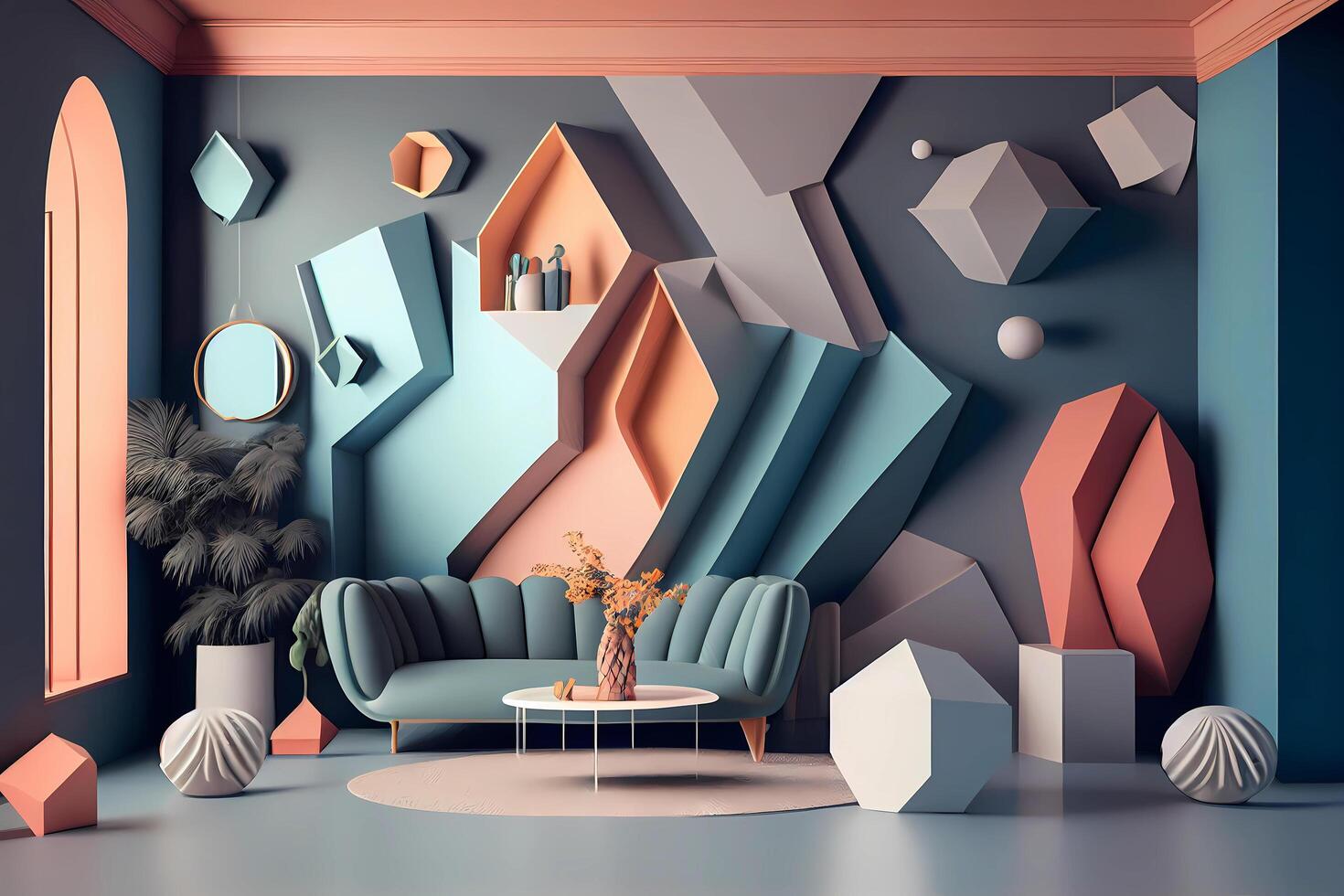 3d room interior design with geometric shapes photo