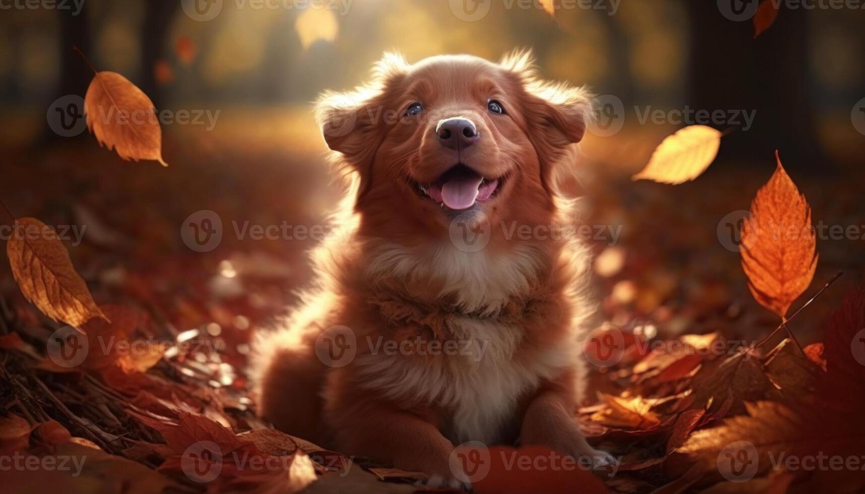 Happy puppy in autumn leaves in the park. photo