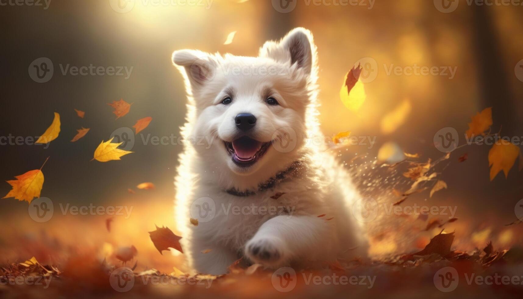 Happy white puppy in autumn leaves in the park. photo