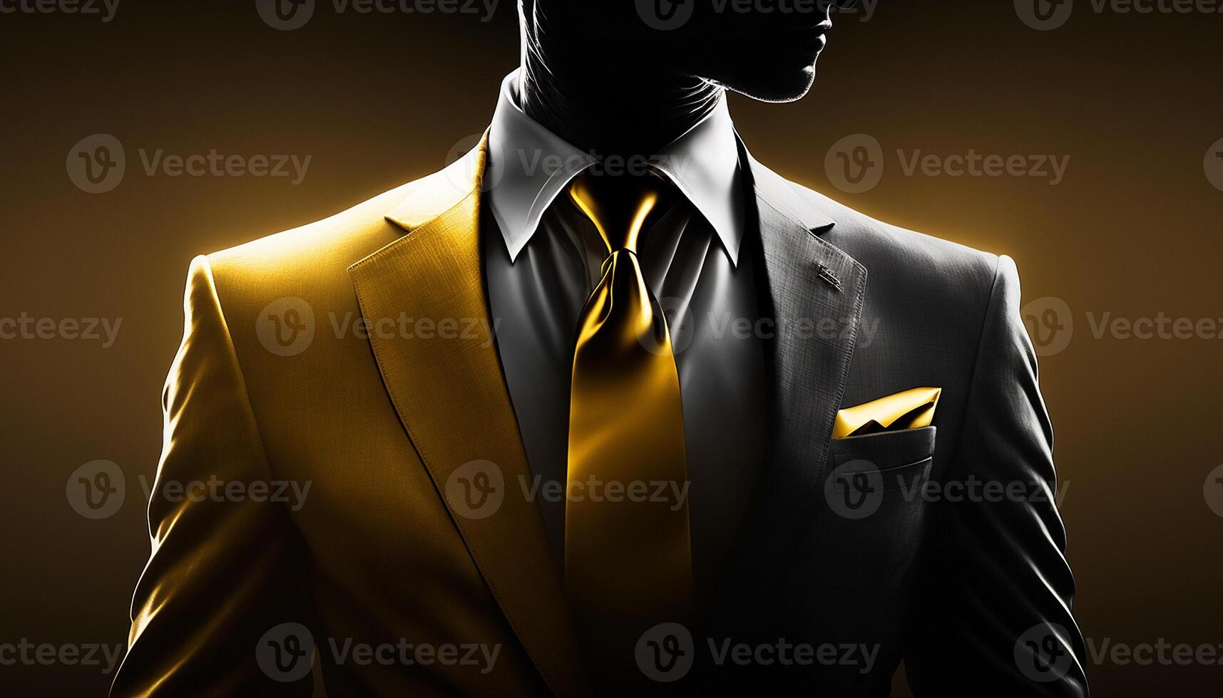 A Close-Up Silhouette of a Rich Businessman in Black and Gold Suit. photo