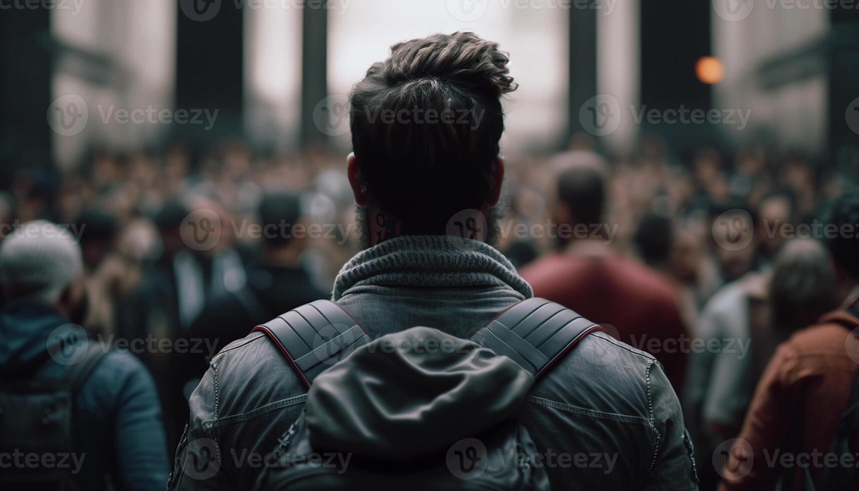 Back view of a man. The crowd gathered to protest. photo