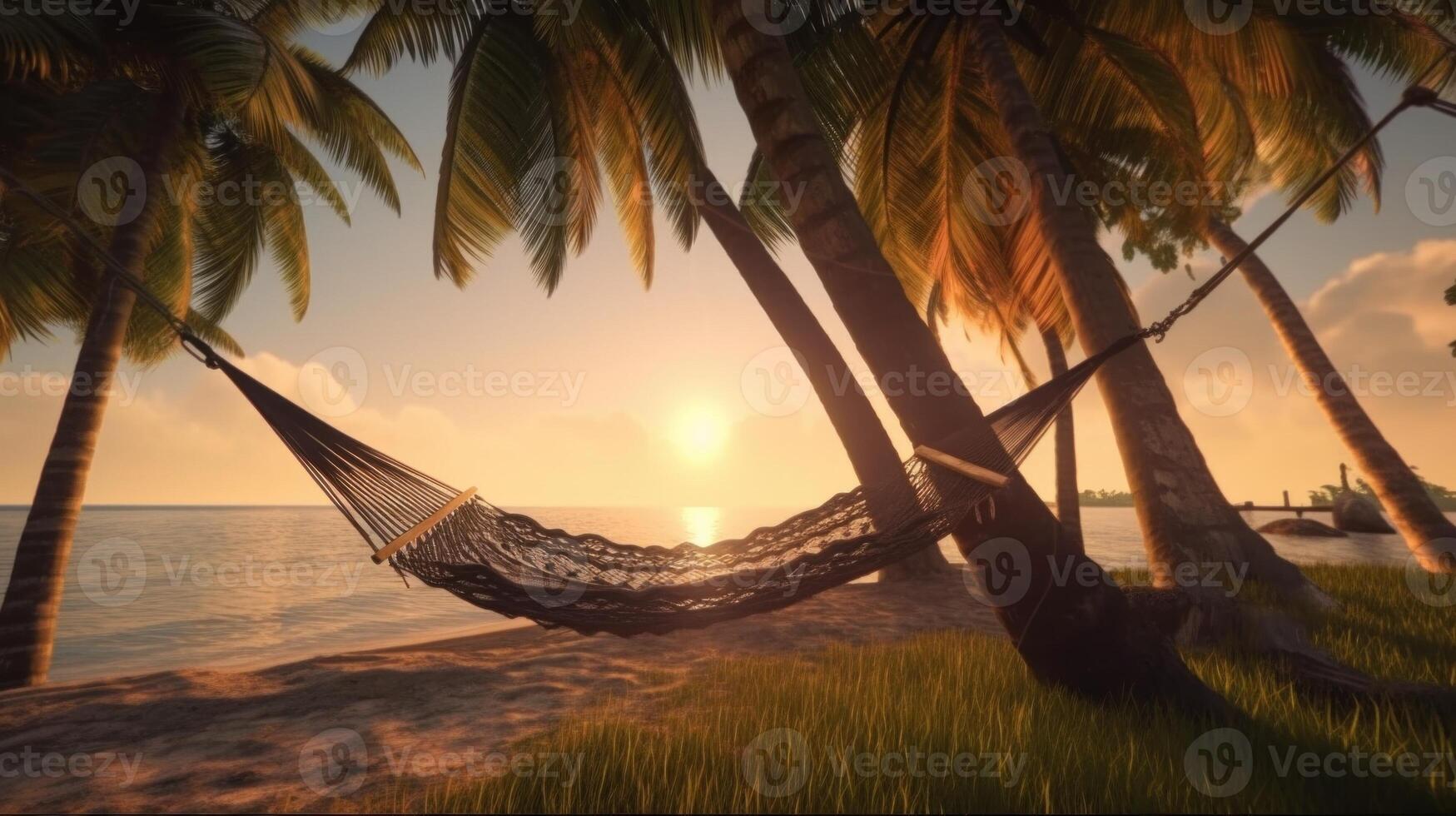 A tropical beach at sunset with a hammock under a palm tree. photo