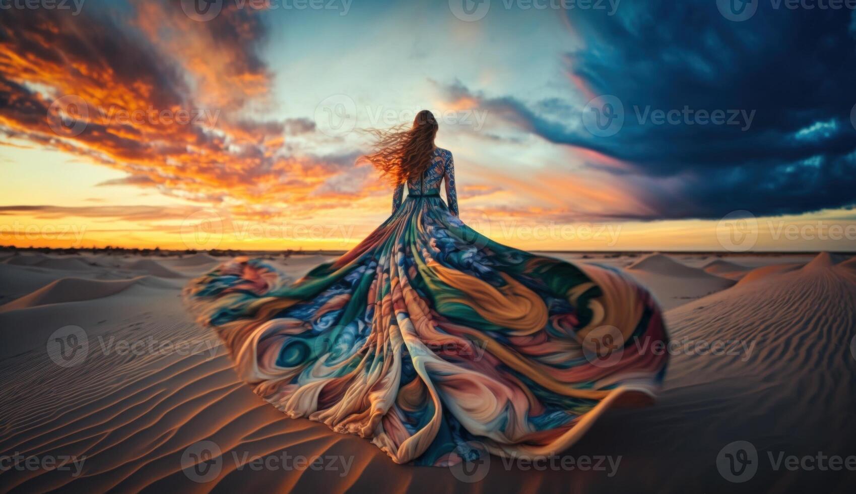 Graceful woman standing on beach in flowing colorful dress. photo
