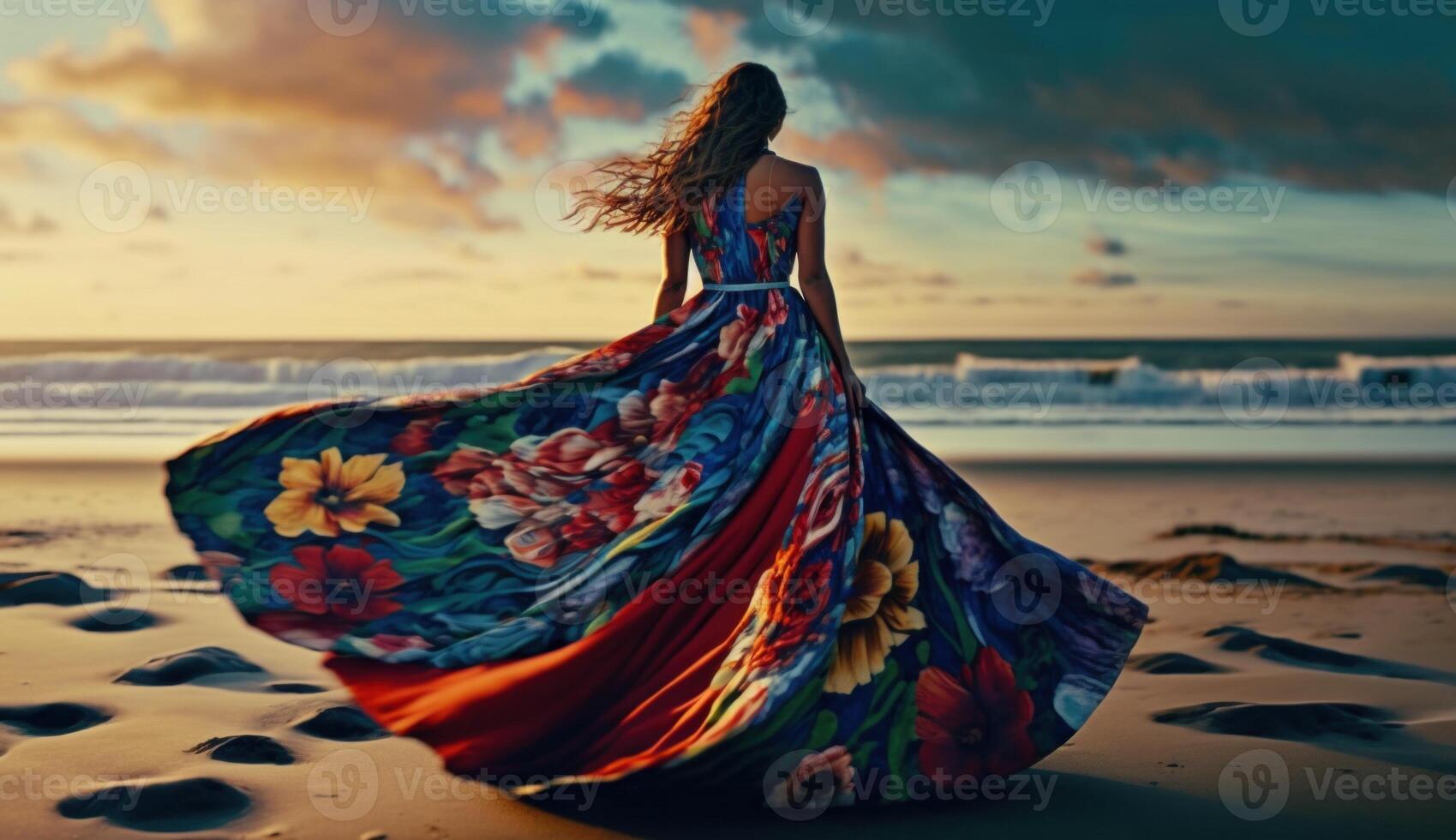 Graceful woman standing on beach in flowing colorful dress. photo