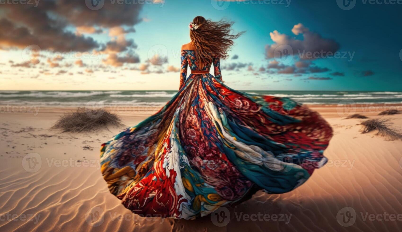 Graceful woman standing on beach in flowing colorful dress. photo