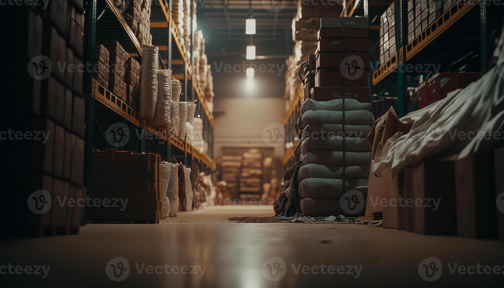 Inside the Storage Cinematic Lighting Enhances the Orderly Rows of Boxes and Racks in a Warehouse. photo