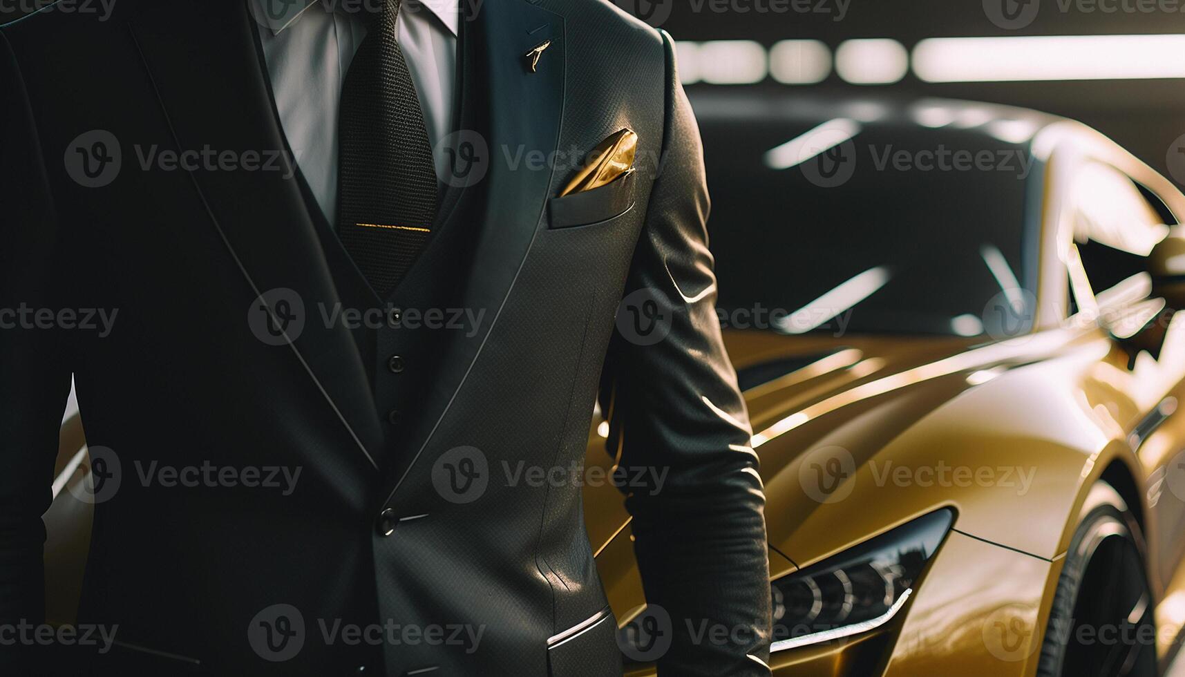 A Close-Up of a Rich Businessman Standing in Front of a Luxurious Supercar. photo