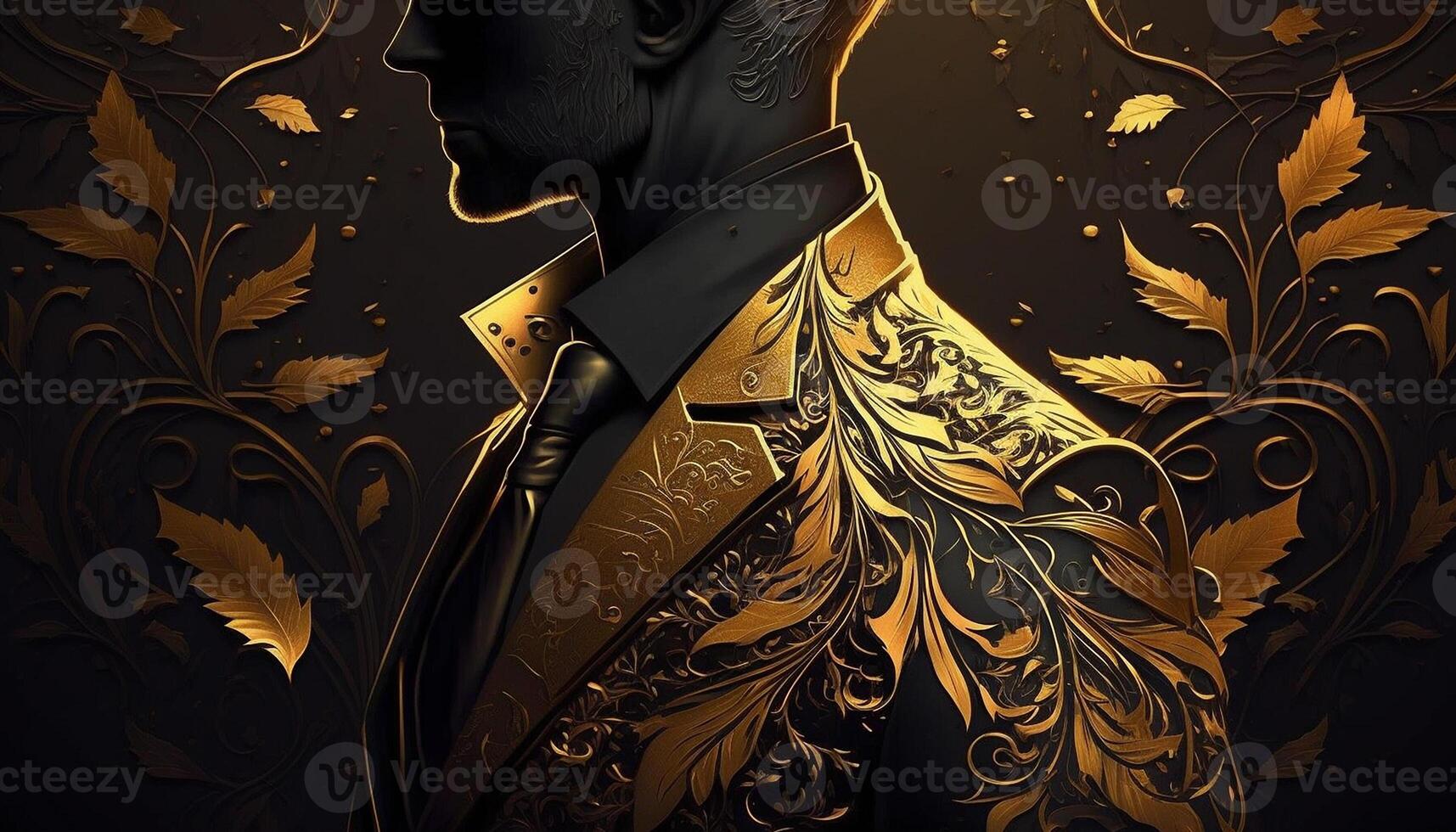A Close-Up Silhouette of a Rich Businessman in Black and Gold Suit. photo