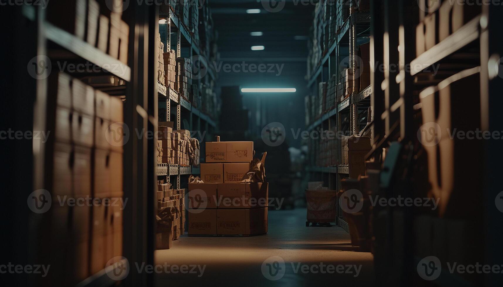 dentro el almacenamiento cinematográfico Encendiendo mejora el ordenado filas de cajas y bastidores en un depósito. generativo ai foto