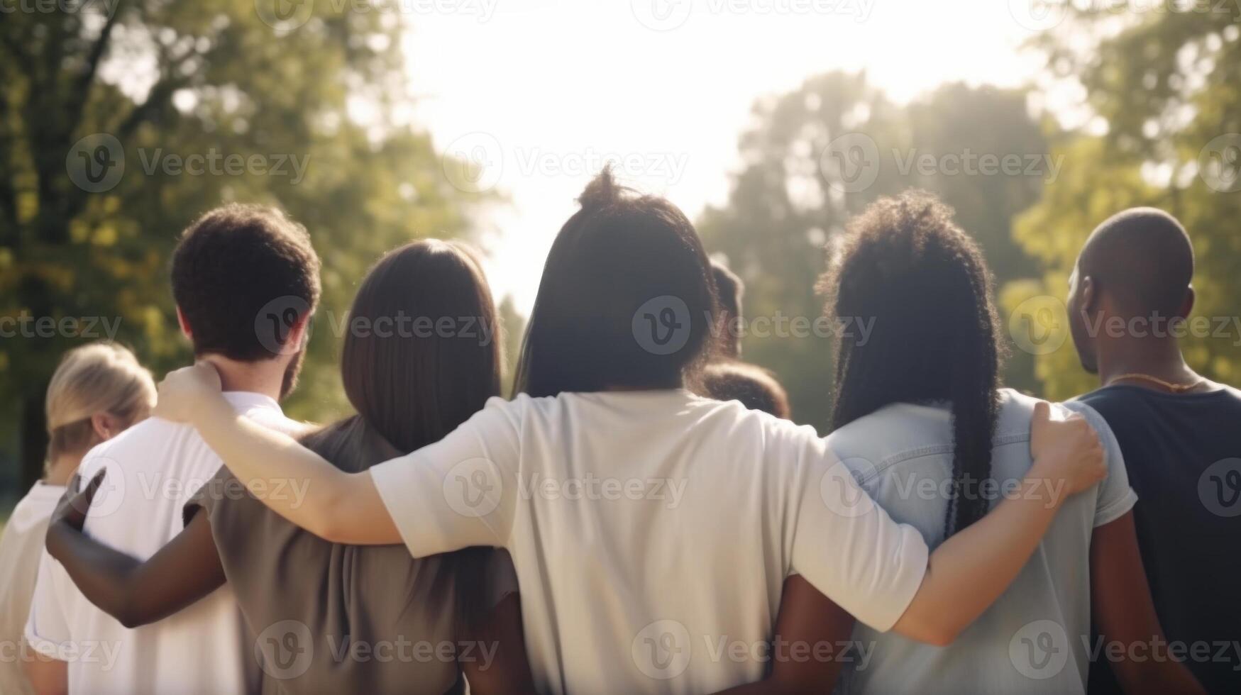 Multiracial and diversity concept. Diverse people hugging each other. photo