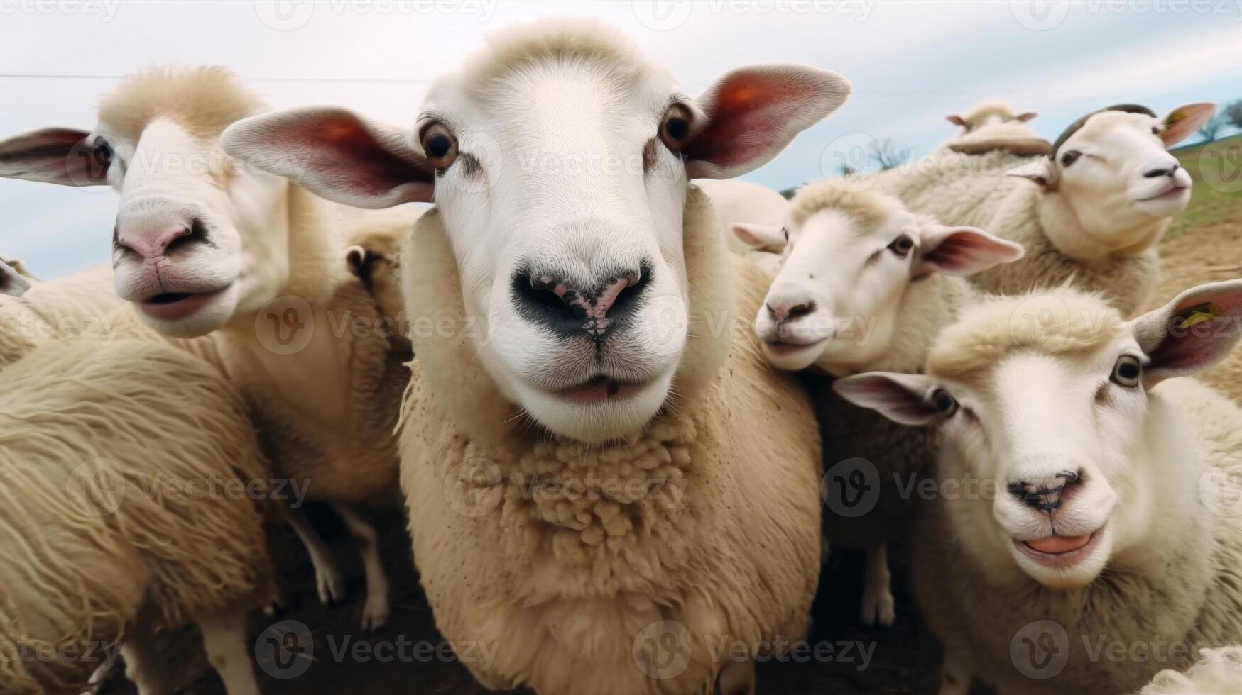 Funny sheep take a selfie on the farm. photo