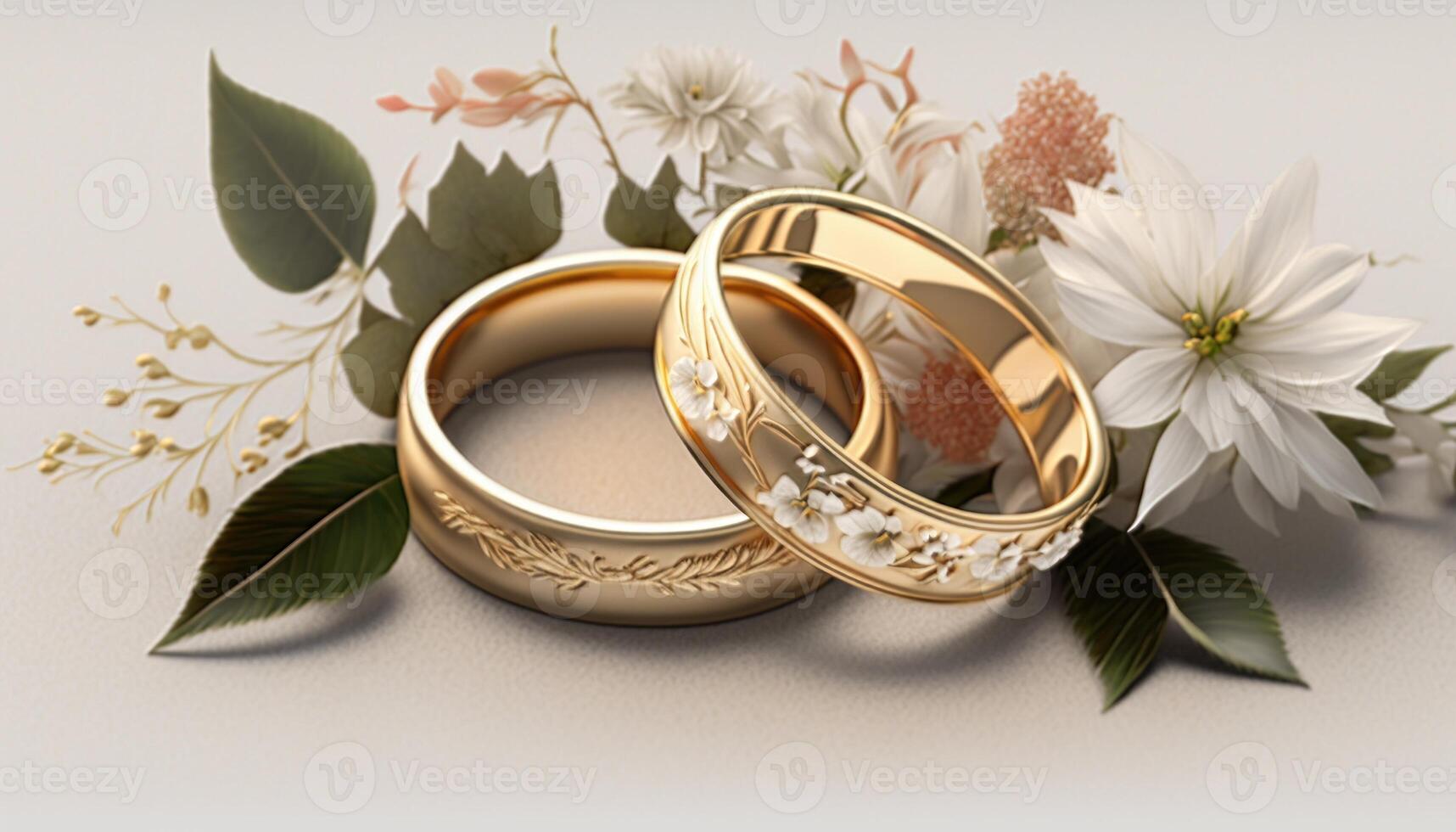 Golden wedding rings and flowers, close up. photo