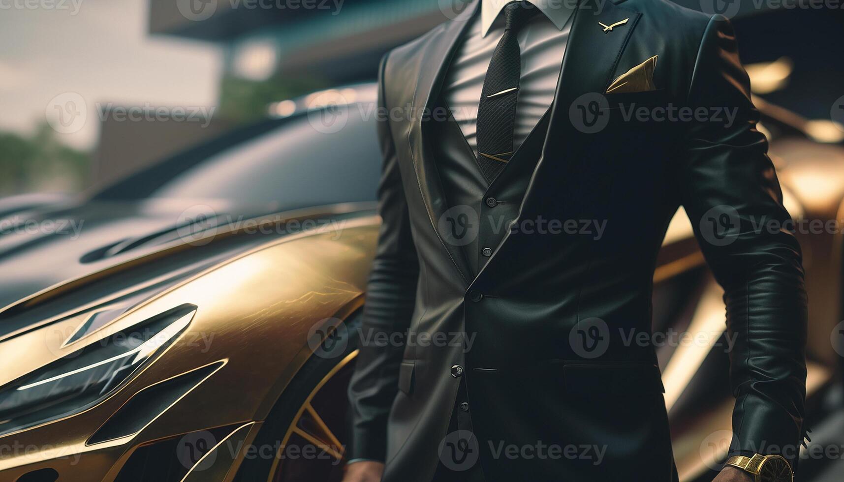 A Close-Up of a Rich Businessman Standing in Front of a Luxurious Supercar. photo
