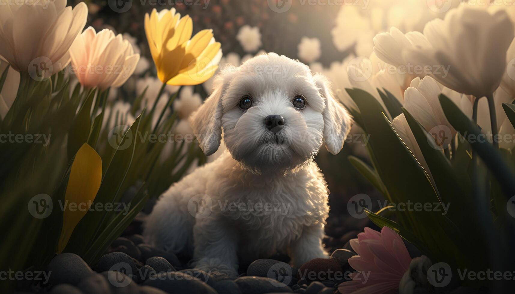 Happy white puppy among white flowers in nature. photo