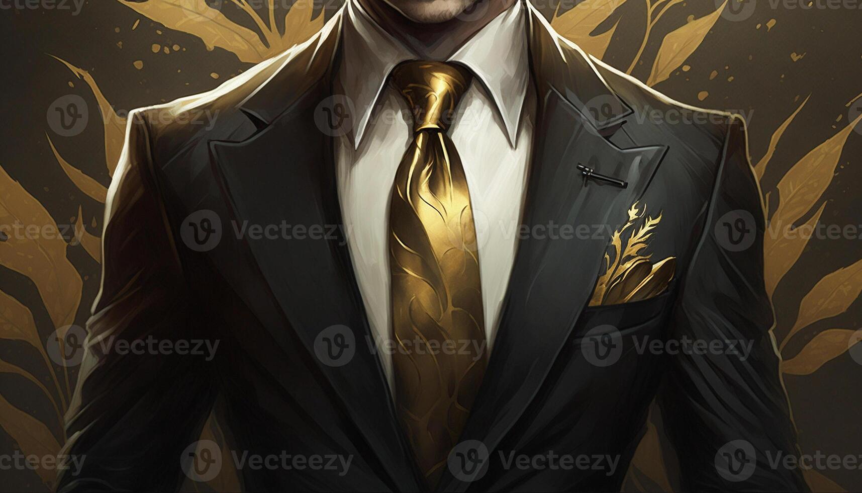 A Close-Up Silhouette of a Rich Businessman in Black and Gold Suit. photo