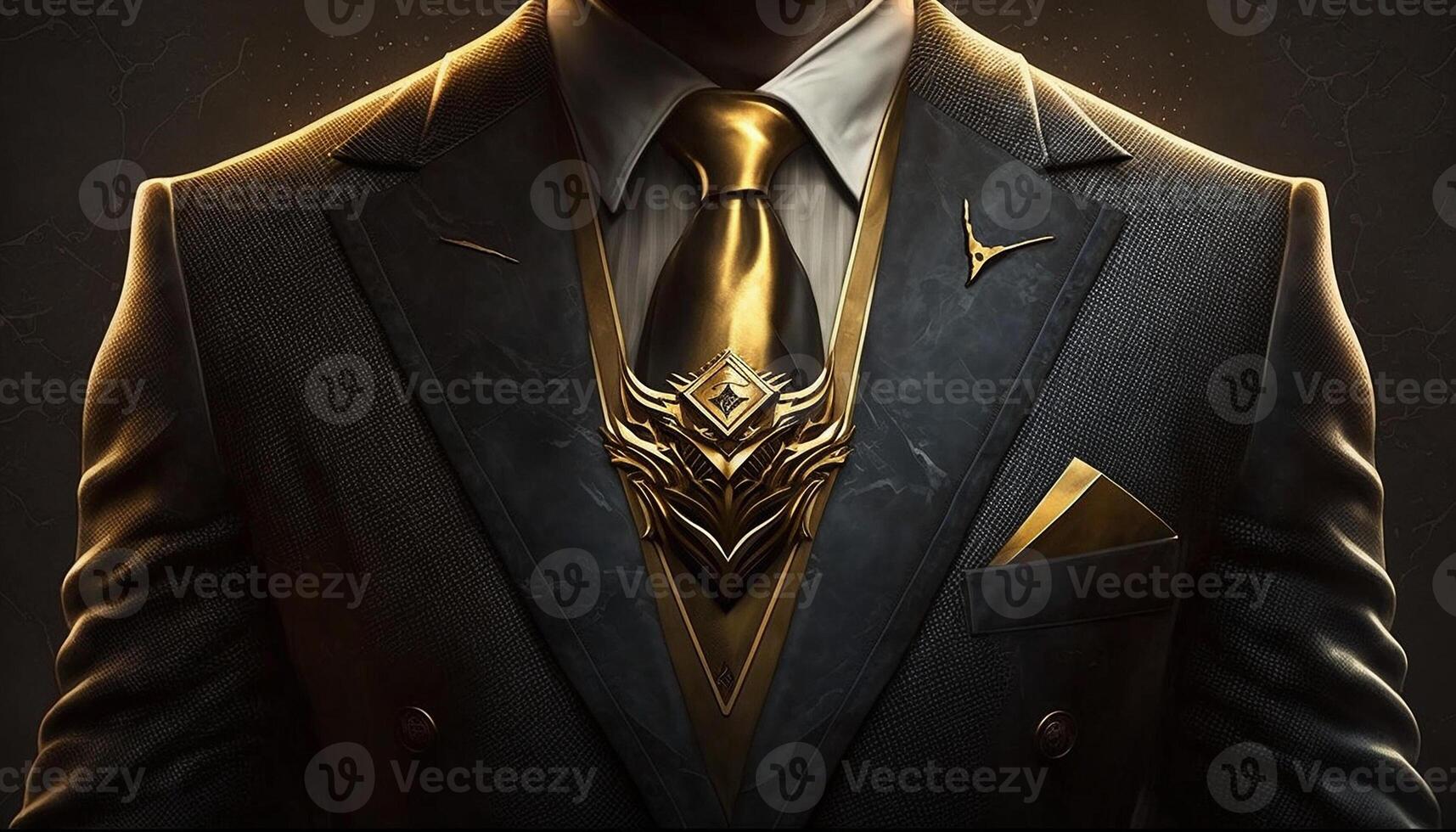 A Close-Up Silhouette of a Rich Businessman in Black and Gold Suit. photo