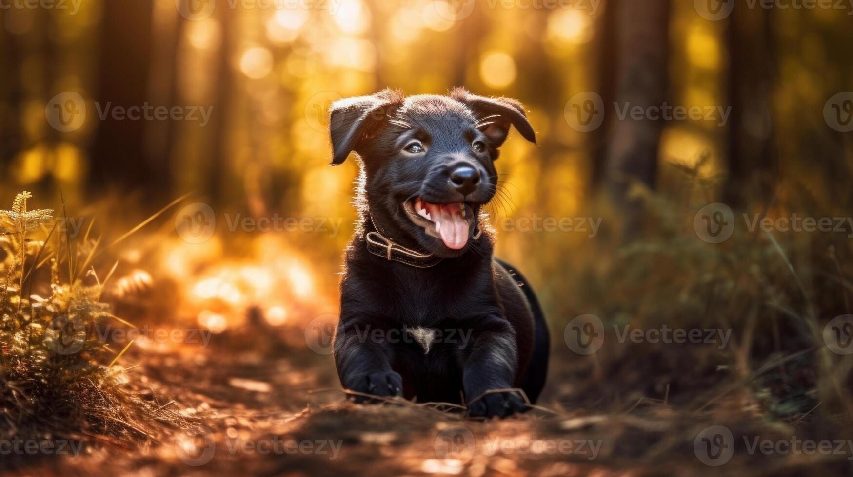 Happy black puppy in nature. photo