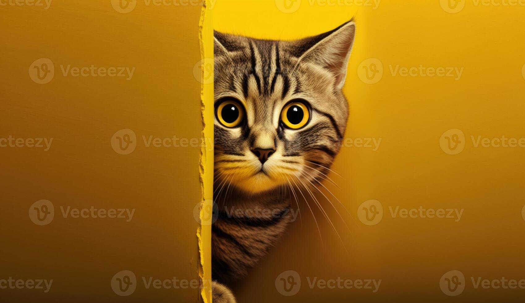 un sorprendido gato en un amarillo pared agujero. generativo ai foto