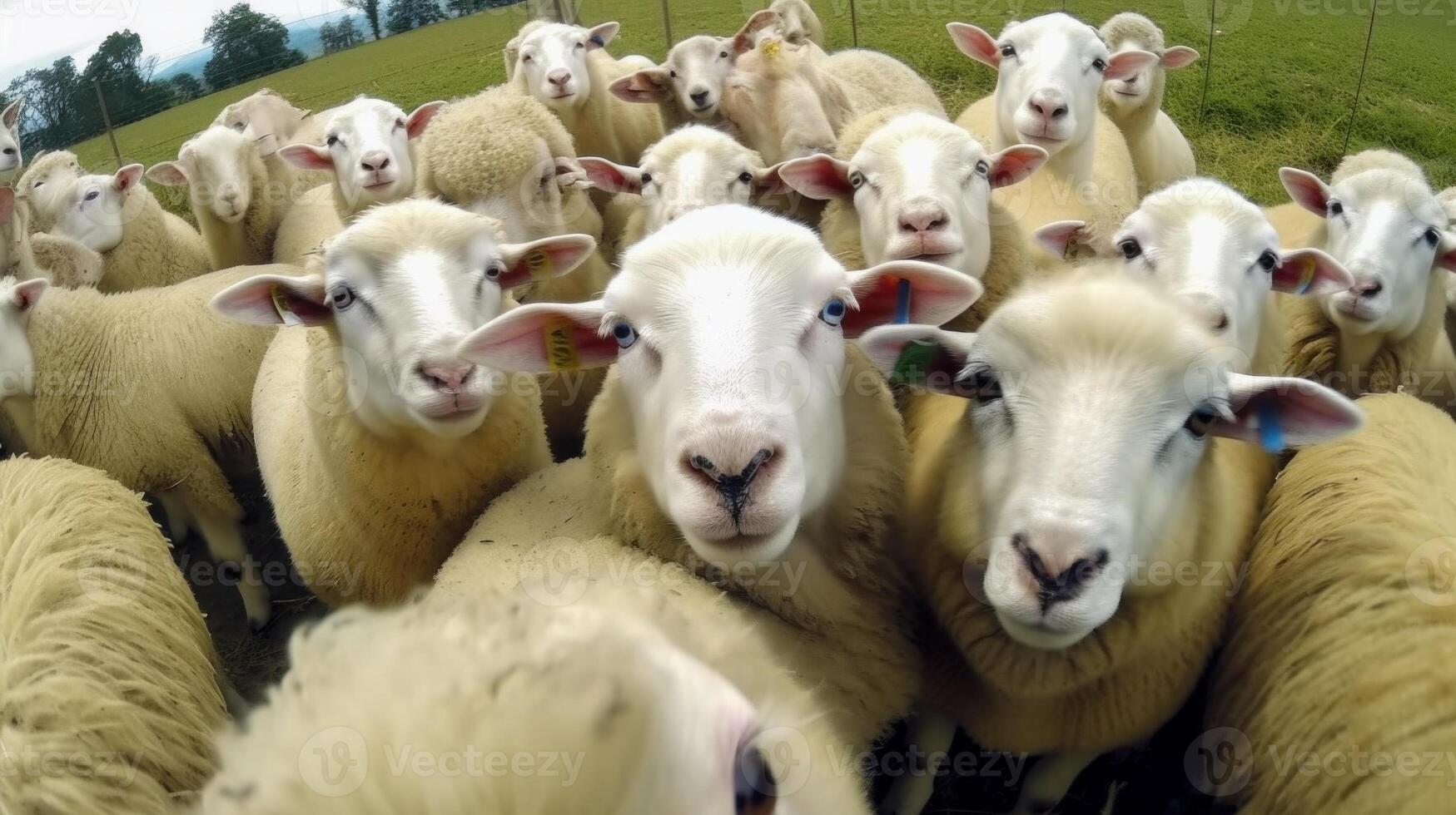 Funny sheep take a selfie on the farm. photo