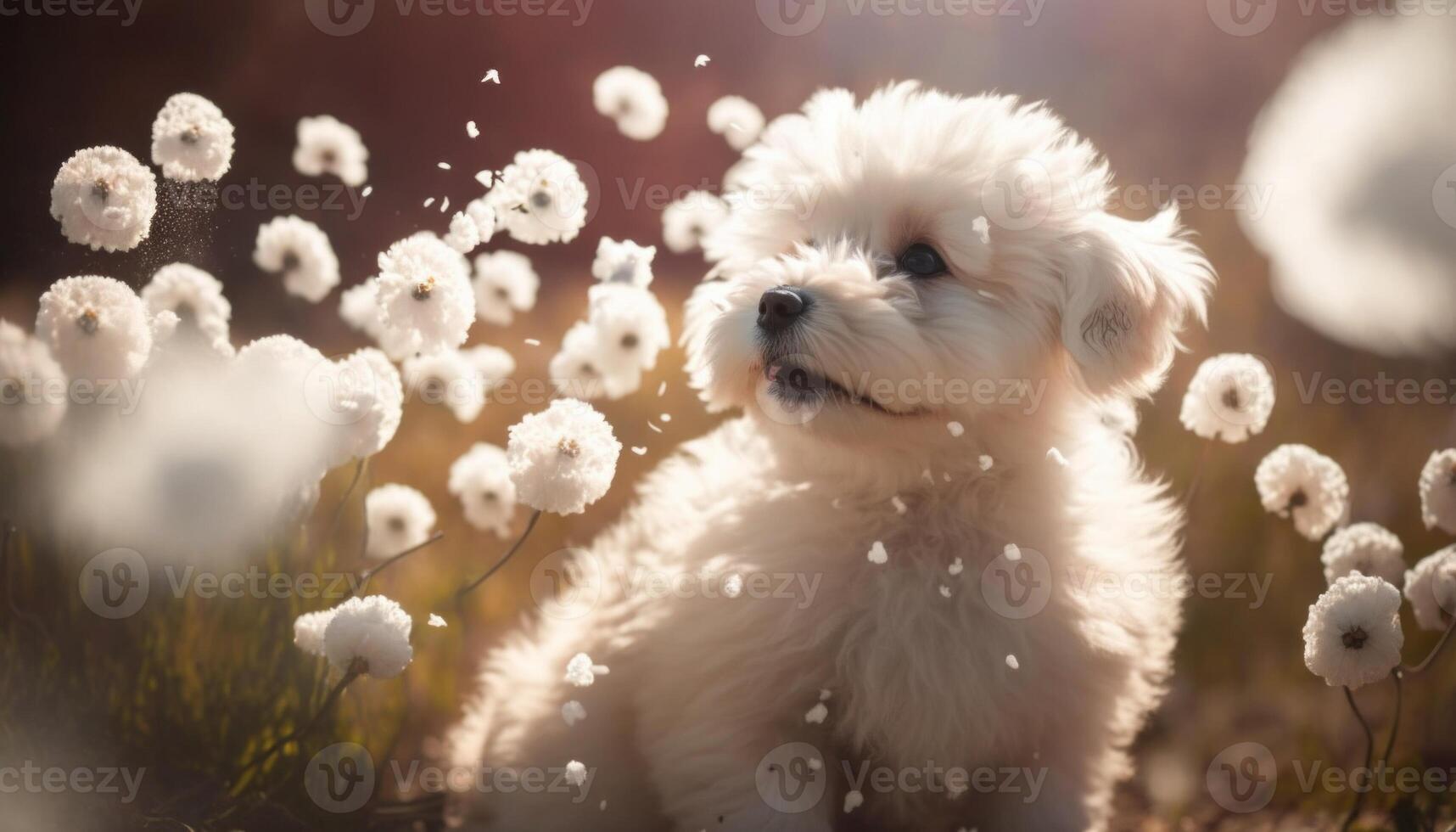 Happy white puppy among white flowers in nature. photo