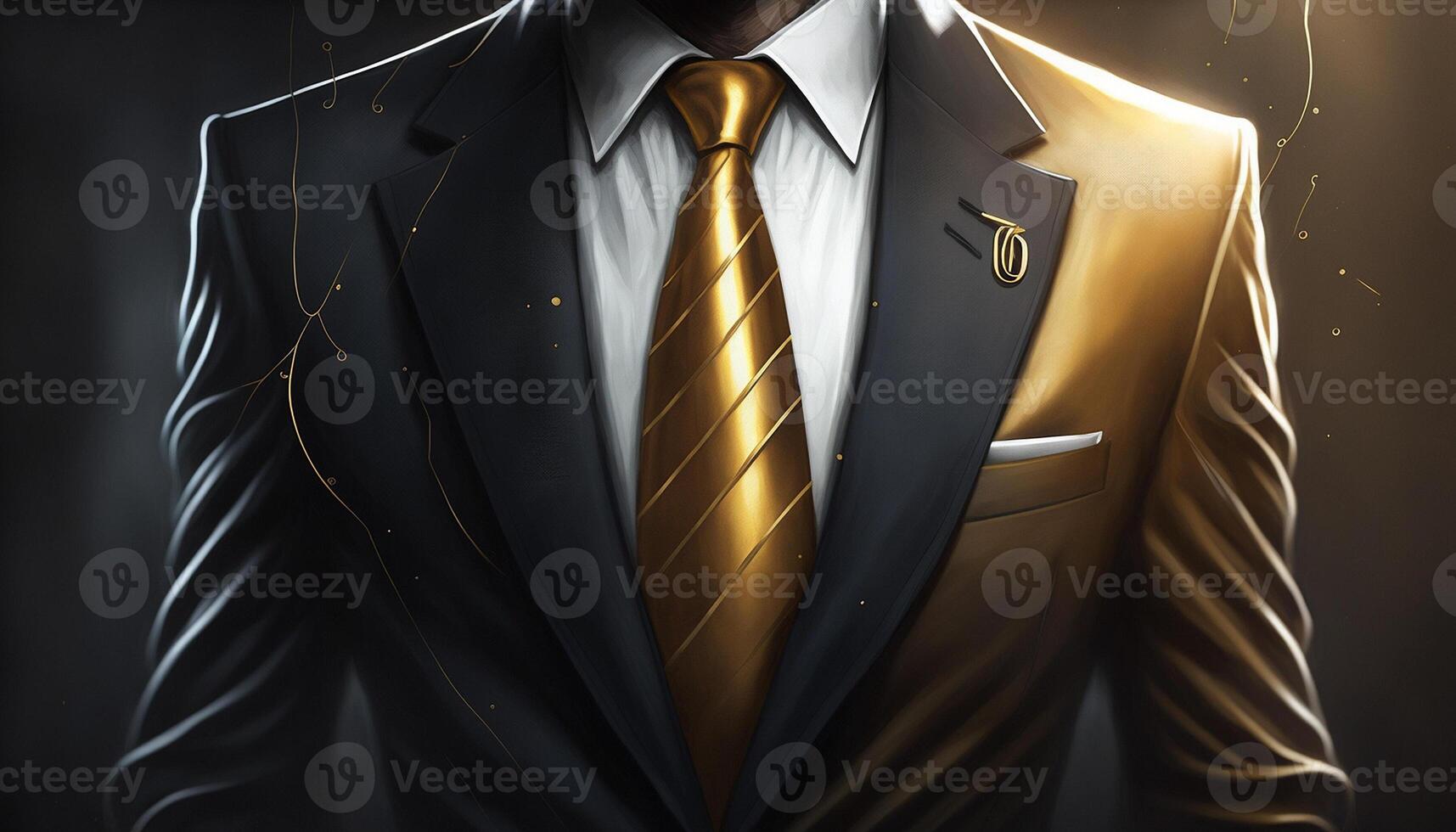 A Close-Up Silhouette of a Rich Businessman in Black and Gold Suit. photo