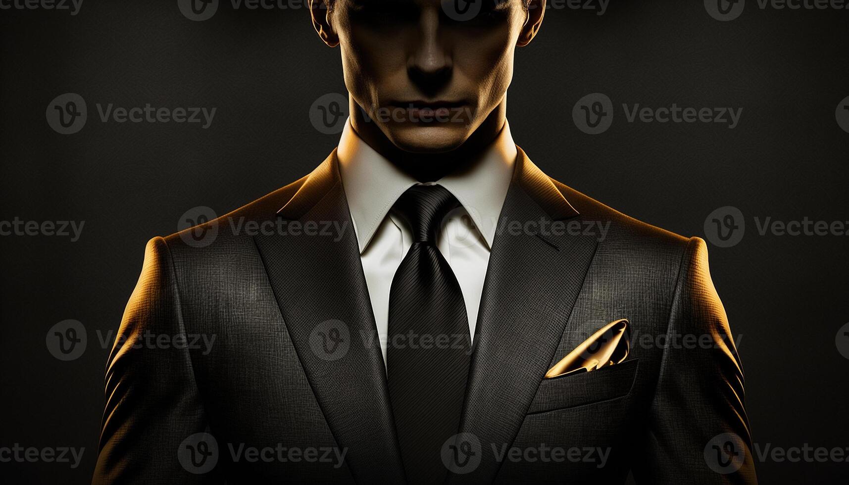 A Close-Up Silhouette of a Rich Businessman in Black and Gold Suit. photo