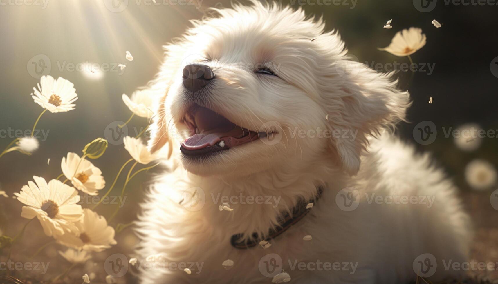 Happy white puppy among white flowers in nature. photo